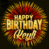 Golden 'Happy Birthday Keyli' text accompanied by animated rainbow fireworks for a festive animated greeting.