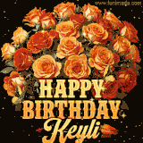 Animated bouquet of orange roses with moving butterfles and golden 'Happy Birthday Keyli' text, surrounded by sparkling accents and a dark backdrop for a luxurious feel.