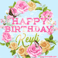A charming animated GIF featuring 'Happy Birthday Keyli' in pink and green text, surrounded by delicate roses, leaves, and fluttering butterflies on a soft light blue pastel background.