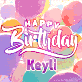 A vibrant name GIF featuring colorful balloons in shades of pink, orange, and yellow with the bold text 'Happy Birthday Keyli' in festive fonts, creating a lively birthday vibe.