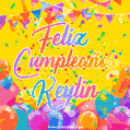 A bright and festive GIF with the text 'Feliz Cumpleaños Keylin' in Spanish in colorful fonts, surrounded by confetti, balloons, and festive banners on a vibrant yellow background.