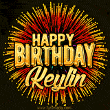 Golden 'Happy Birthday Keylin' text accompanied by animated rainbow fireworks for a festive animated greeting.