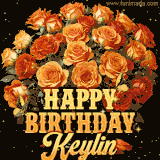 Animated bouquet of orange roses with moving butterfles and golden 'Happy Birthday Keylin' text, surrounded by sparkling accents and a dark backdrop for a luxurious feel.