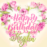 A stunning heart made of pink roses surrounds the elegant script text 'Happy Birthday Keylin' on a soft beige background. Animated sparkles add a magical and festive feel.