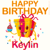 A vibrant and funny gift box character with a happy face dancing with a cupcake and the text 'Happy Birthday Keylin,' surrounded by animated confetti and party vibes.