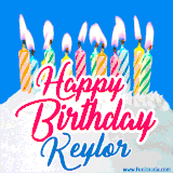 A cheerful animated GIF featuring colorful lit birthday candles on a white cake, with the text 'Happy Birthday Keylor' in bold red and blue script on a bright blue background.