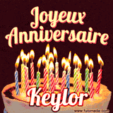 A Happy Birthday GIF in French featuring a festive birthday cake adorned with bright candles and the glowing text 'Joyeux Anniversaire Keylor' in a cheerful style.