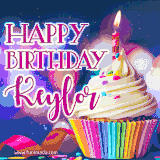 A festive animated GIF featuring a colorful cupcake with a single lit candle, sprinkles, and 'Happy Birthday Keylor' text against a sparkling, celebratory background.