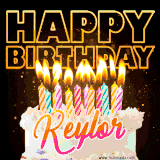 A vibrant animated GIF featuring a delicious birthday cake topped with glowing candles and the name 'Keylor' in elegant script, and the words 'Happy Birthday' on the black background.