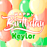 Animated GIF featuring colorful balloons in the background with the cheerful text 'Happy Birthday Keylor'.