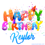 Animated GIF with colorful, festive 'Happy Birthday Keylor' text decorated with patterns, a party hat, and falling confetti. A vibrant and cheerful design for birthday celebrations.