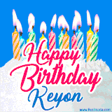 A cheerful animated GIF featuring colorful lit birthday candles on a white cake, with the text 'Happy Birthday Keyon' in bold red and blue script on a bright blue background.