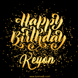 Animated GIF with colorful, festive 'Happy Birthday Keyon' text decorated with patterns, a party hat, and falling confetti. A vibrant and cheerful design for birthday celebrations.