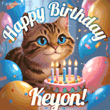 A playful tabby cat sits behind a colorful birthday cake surrounded by balloons and confetti, with 'Happy Birthday Keyon!' written above in festive letters.
