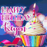 A festive animated GIF featuring a colorful cupcake with a single lit candle, sprinkles, and 'Happy Birthday Keyon' text against a sparkling, celebratory background.