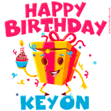 A funny animated birthday GIF with the words 'Happy Birthday Keyona', colorful gift box with arms and legs, holding a cupcake with a lit candle  with confetti everywhere.