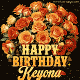 Animated bouquet of orange roses with moving butterfles and golden 'Happy Birthday Keyona' text, surrounded by sparkling accents and a dark backdrop for a luxurious feel.