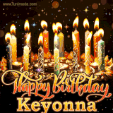 A glowing personalized birthday GIF with name Keyonna featuring lit candles with intricate designs, warm lighting, and the text 'Happy Birthday' in an elegant font.