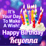 A colorful birthday GIF for Keyonna featuring a cupcake with vibrant lit candles and the text 'It's Your Day to Make a Wish! Happy Birthday Keyonna' in bold letters on a festive purple background.