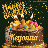 A delightful chocolate birthday cake with bright candles and 'Happy Birthday Keyonna' written in gold amidst a shower of animated stars.