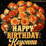 Animated bouquet of orange roses with moving butterfles and golden 'Happy Birthday Keyonna' text, surrounded by sparkling accents and a dark backdrop for a luxurious feel.