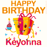A vibrant and funny gift box character with a happy face dancing with a cupcake and the text 'Happy Birthday Keyonna,' surrounded by animated confetti and party vibes.