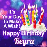 A colorful birthday GIF for Keyra featuring a cupcake with vibrant lit candles and the text 'It's Your Day to Make a Wish! Happy Birthday Keyra' in bold letters on a festive purple background.