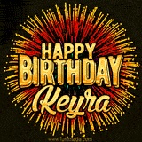 Golden 'Happy Birthday Keyra' text accompanied by animated rainbow fireworks for a festive animated greeting.