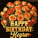 Animated bouquet of orange roses with moving butterfles and golden 'Happy Birthday Keyra' text, surrounded by sparkling accents and a dark backdrop for a luxurious feel.