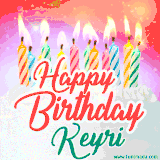 Bright birthday candles with rainbow flames on a cake, alongside the text 'Happy Birthday Keyri' in vibrant script in this celebratory animated GIF.