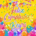 A bright and festive GIF with the text 'Feliz Cumpleaños Keyri' in Spanish in colorful fonts, surrounded by confetti, balloons, and festive banners on a vibrant yellow background.