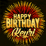Golden 'Happy Birthday Keyri' text accompanied by animated rainbow fireworks for a festive animated greeting.