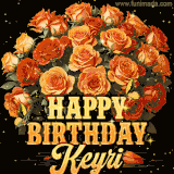 Animated bouquet of orange roses with moving butterfles and golden 'Happy Birthday Keyri' text, surrounded by sparkling accents and a dark backdrop for a luxurious feel.