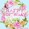 A charming animated GIF featuring 'Happy Birthday Keyri' in pink and green text, surrounded by delicate roses, leaves, and fluttering butterflies on a soft light blue pastel background.