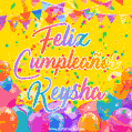 A bright and festive GIF with the text 'Feliz Cumpleaños Keysha' in Spanish in colorful fonts, surrounded by confetti, balloons, and festive banners on a vibrant yellow background.