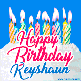 A cheerful animated GIF featuring colorful lit birthday candles on a white cake, with the text 'Happy Birthday Keyshaun' in bold red and blue script on a bright blue background.