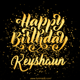 Animated GIF with colorful, festive 'Happy Birthday Keyshaun' text decorated with patterns, a party hat, and falling confetti. A vibrant and cheerful design for birthday celebrations.