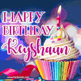 A festive animated GIF featuring a colorful cupcake with a single lit candle, sprinkles, and 'Happy Birthday Keyshaun' text against a sparkling, celebratory background.