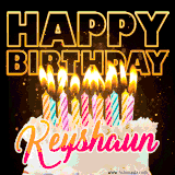 A vibrant animated GIF featuring a delicious birthday cake topped with glowing candles and the name 'Keyshaun' in elegant script, and the words 'Happy Birthday' on the black background.