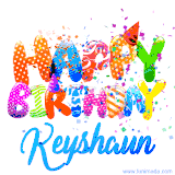 Animated GIF with colorful, festive 'Happy Birthday Keyshaun' text decorated with patterns, a party hat, and falling confetti. A vibrant and cheerful design for birthday celebrations.