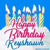 A cheerful animated GIF featuring colorful lit birthday candles on a white cake, with the text 'Happy Birthday Keyshawn' in bold red and blue script on a bright blue background.