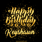 Animated GIF with colorful, festive 'Happy Birthday Keyshawn' text decorated with patterns, a party hat, and falling confetti. A vibrant and cheerful design for birthday celebrations.