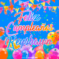 A vibrant animated GIF with 'Feliz Cumpleaños Keyshawn' written in colorful script, surrounded by balloons, confetti, and bunting on a bright blue background.