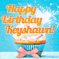 A cheerful animated GIF of a cupcake with creamy frosting, a red checkered ribbon, and a bright sparkler on top. The text 'Happy Birthday Keyshawn!' is displayed in vibrant orange and red.
