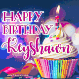 A festive animated GIF featuring a colorful cupcake with a single lit candle, sprinkles, and 'Happy Birthday Keyshawn' text against a sparkling, celebratory background.