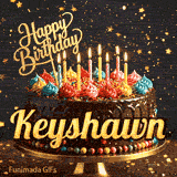 Shimmering gold star particles and bokeh lights surrounding a chocolate birthday cake custom-made for Keyshawn.