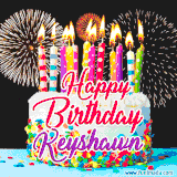 A lively happy birthday animated GIF showcasing a colorful birthday cake covered in sprinkles, topped with glowing candles, and surrounded by vibrant fireworks. The name 'Keyshawn' is featured in elegant script.