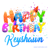 Animated GIF with colorful, festive 'Happy Birthday Keyshawn' text decorated with patterns, a party hat, and falling confetti. A vibrant and cheerful design for birthday celebrations.