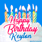 A cheerful animated GIF featuring colorful lit birthday candles on a white cake, with the text 'Happy Birthday Keyton' in bold red and blue script on a bright blue background.