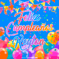 A vibrant animated GIF with 'Feliz Cumpleaños Keyton' written in colorful script, surrounded by balloons, confetti, and bunting on a bright blue background.
